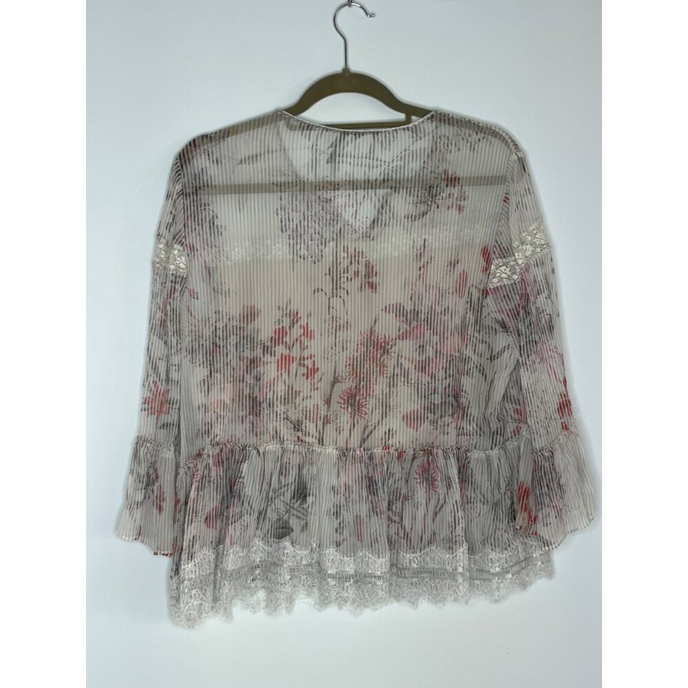 Elie Tahari 100% SIlk Floral Pattern Lace Details Bell‎ Sleeve Shamra Blouse L - Picture 9 of 10